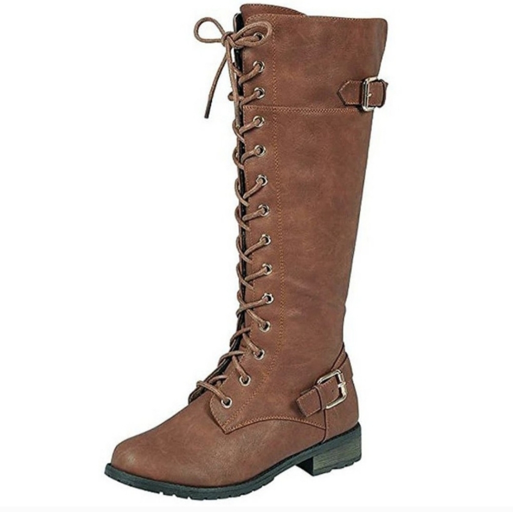 Brand New Women Tan Lace Up Knee High Combat Boots